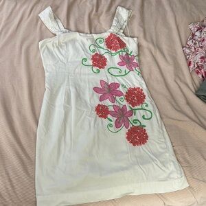 Lilly Pulitzer White Dress with Pink and Green Floral Embroidered Design size 10